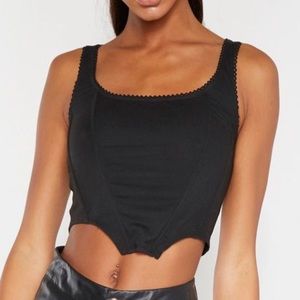 Black Woven Lace Trim Boned Corset Top